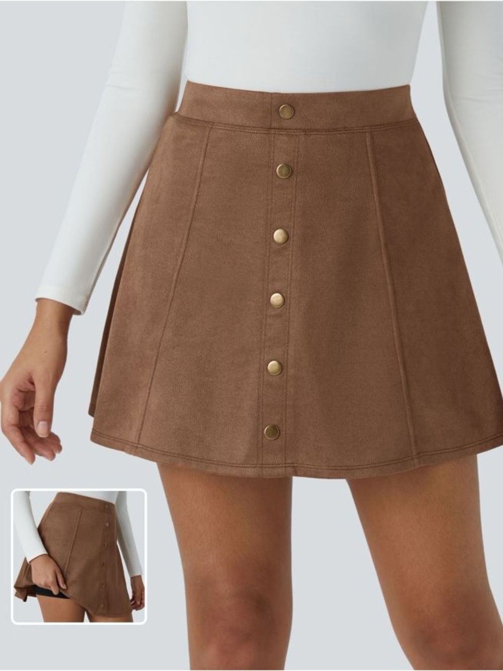 HALARA Brown Button-Front Skater Skirt